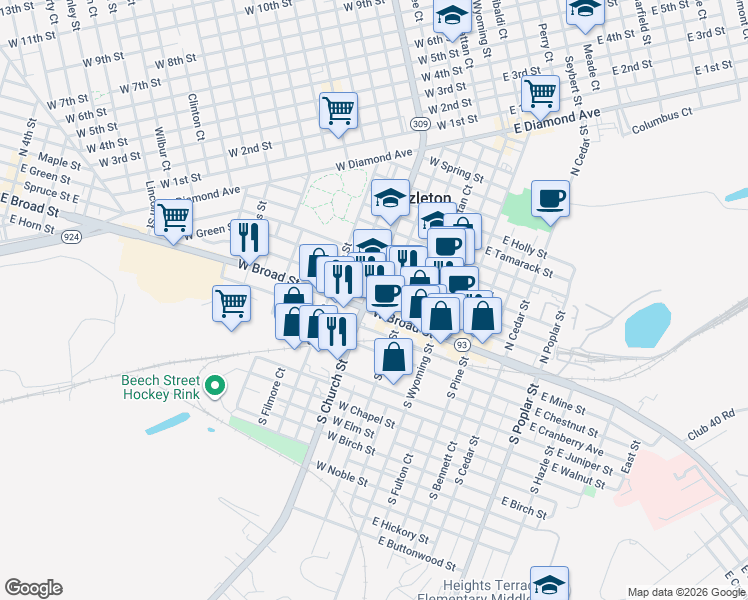 map of restaurants, bars, coffee shops, grocery stores, and more near in Hazleton