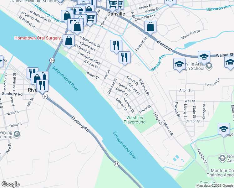 map of restaurants, bars, coffee shops, grocery stores, and more near 677 Cooper Street in Danville