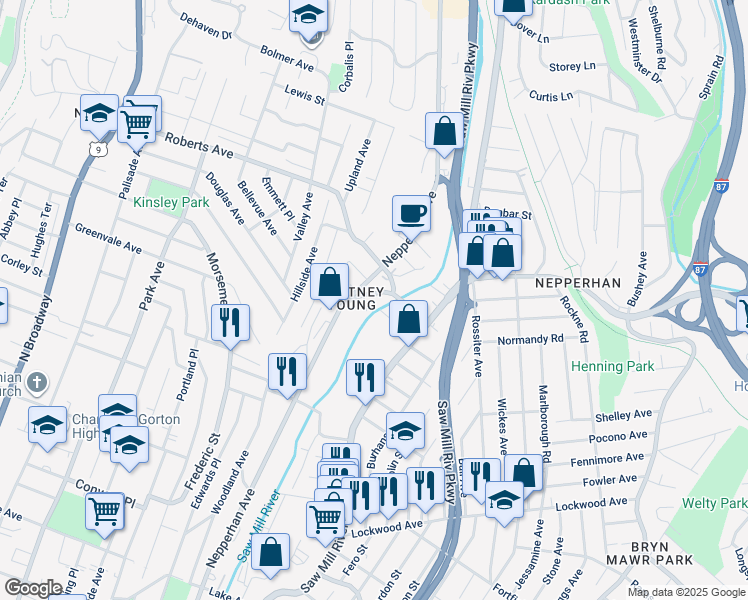 map of restaurants, bars, coffee shops, grocery stores, and more near 876 Nepperhan Avenue in Yonkers