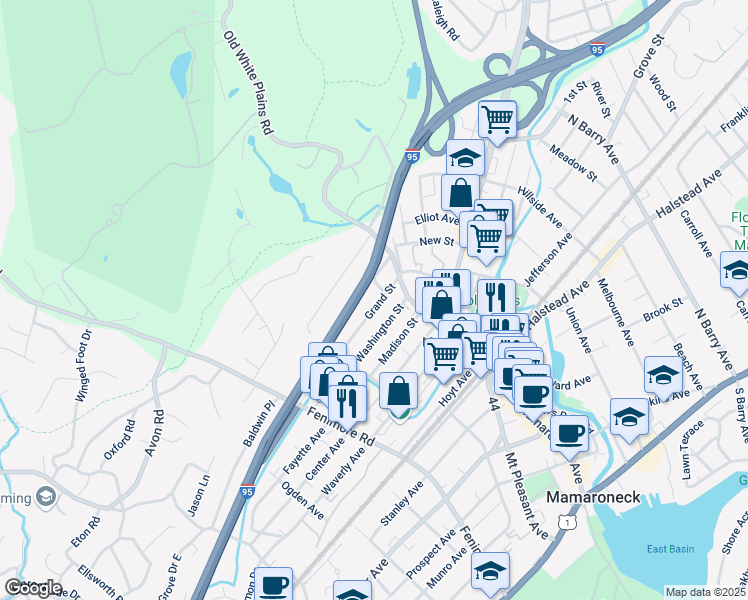 map of restaurants, bars, coffee shops, grocery stores, and more near 155 Washington Street in Mamaroneck