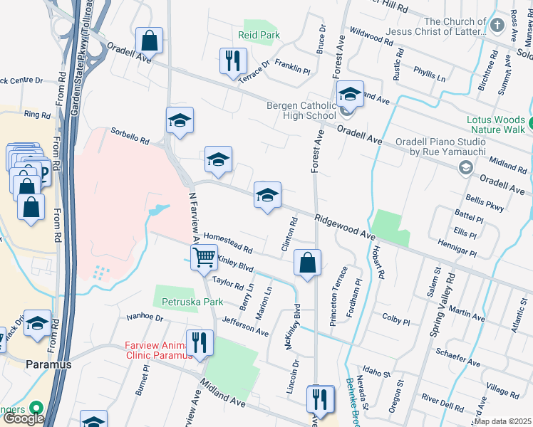 map of restaurants, bars, coffee shops, grocery stores, and more near 374 East Ridgewood Avenue in Paramus