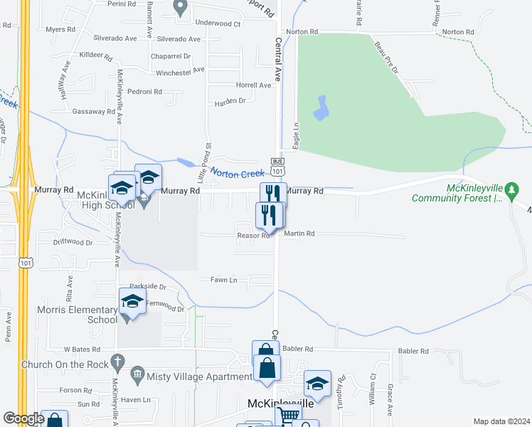map of restaurants, bars, coffee shops, grocery stores, and more near 2750 Central Avenue in McKinleyville