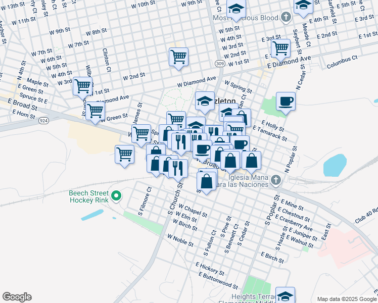 map of restaurants, bars, coffee shops, grocery stores, and more near 217 West Broad Street in Hazleton