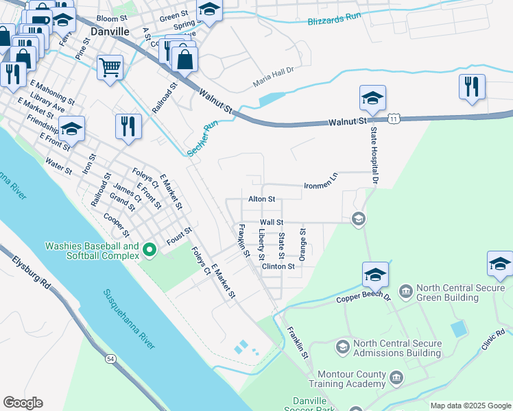 map of restaurants, bars, coffee shops, grocery stores, and more near 552 Alton Street in Danville