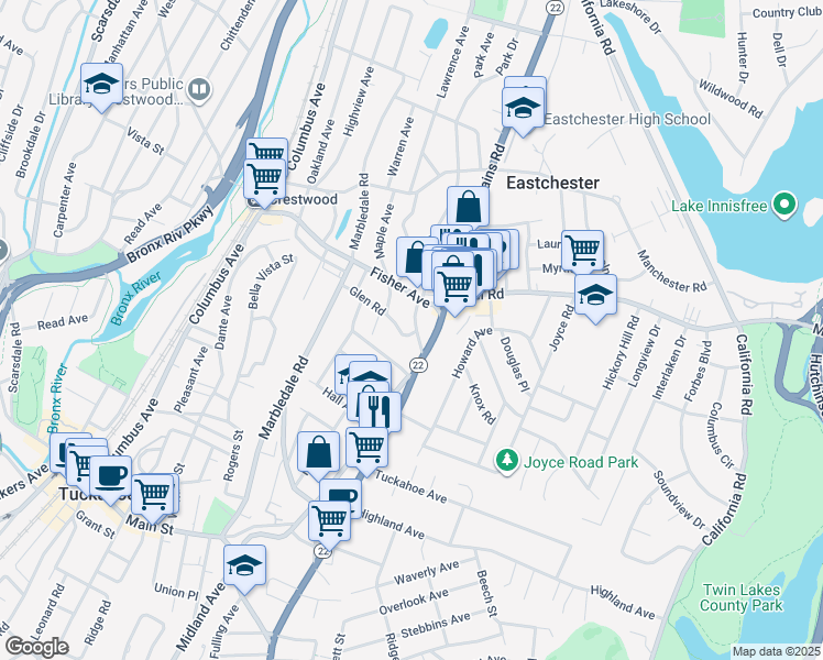 map of restaurants, bars, coffee shops, grocery stores, and more near 69 Glen Road in Eastchester