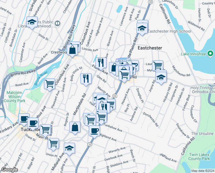 map of restaurants, bars, coffee shops, grocery stores, and more near 28 Merritt Avenue in Eastchester