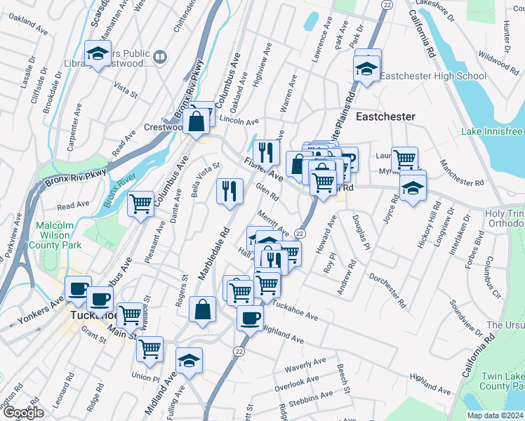 map of restaurants, bars, coffee shops, grocery stores, and more near 28 Merritt Avenue in Eastchester