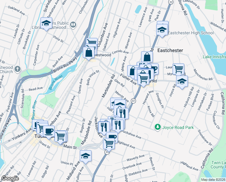 map of restaurants, bars, coffee shops, grocery stores, and more near 4 Bellew Avenue in Eastchester