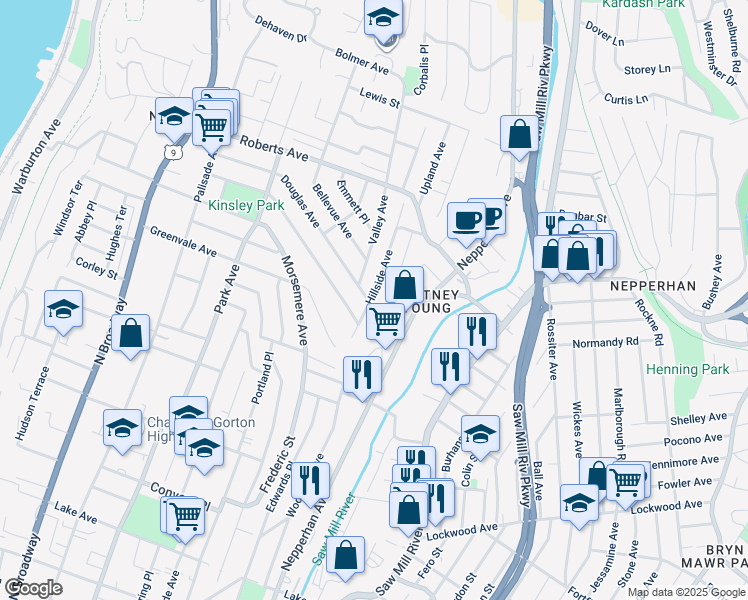 map of restaurants, bars, coffee shops, grocery stores, and more near 214 Mary Lou Avenue in Yonkers