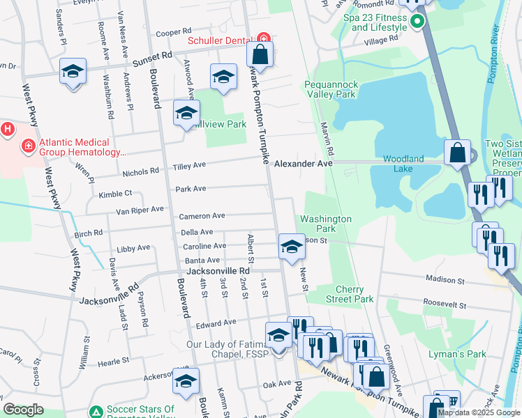 map of restaurants, bars, coffee shops, grocery stores, and more near 2 Della Avenue in Pequannock Township