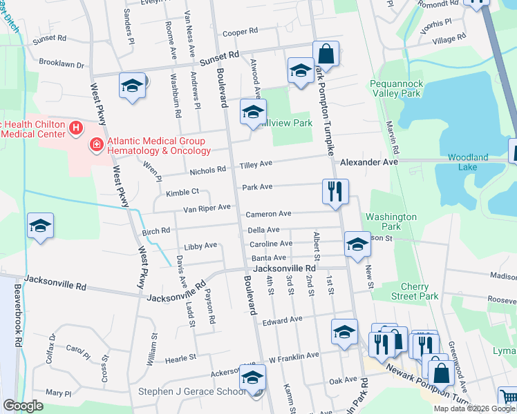 map of restaurants, bars, coffee shops, grocery stores, and more near 46 Della Avenue in Pequannock Township