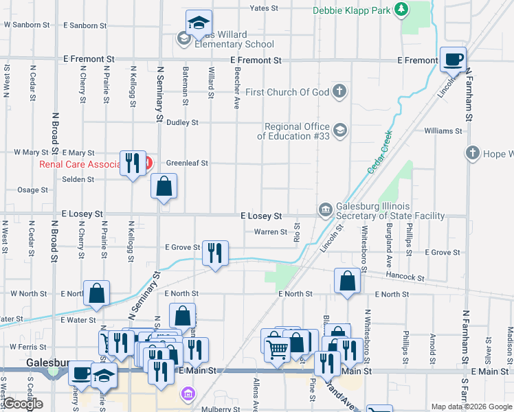 map of restaurants, bars, coffee shops, grocery stores, and more near 752 East Losey Street in Galesburg
