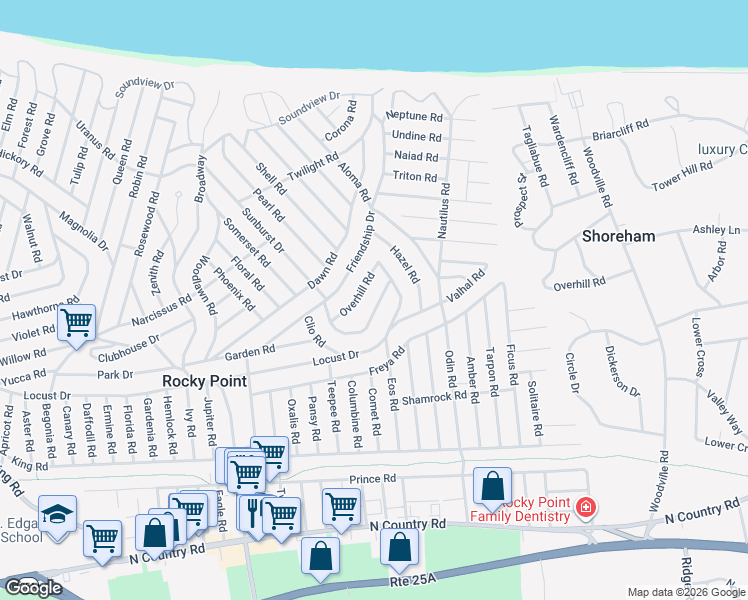map of restaurants, bars, coffee shops, grocery stores, and more near 25 Highland Road in Rocky Point