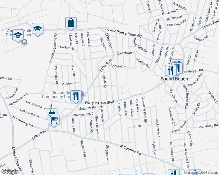 map of restaurants, bars, coffee shops, grocery stores, and more near 48 High Hill Drive in Sound Beach