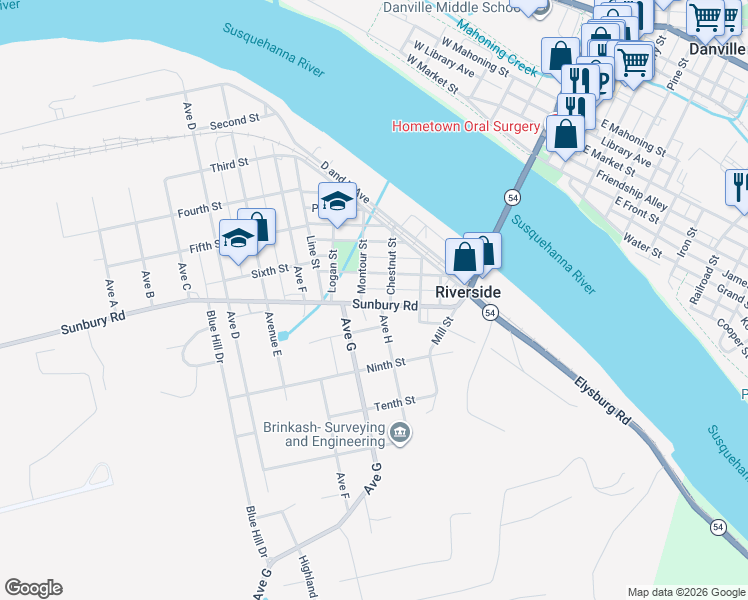 map of restaurants, bars, coffee shops, grocery stores, and more near 201-299 Gearhart St in Riverside