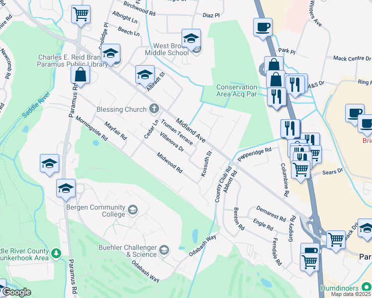 map of restaurants, bars, coffee shops, grocery stores, and more near 155 Truman Terrace in Paramus