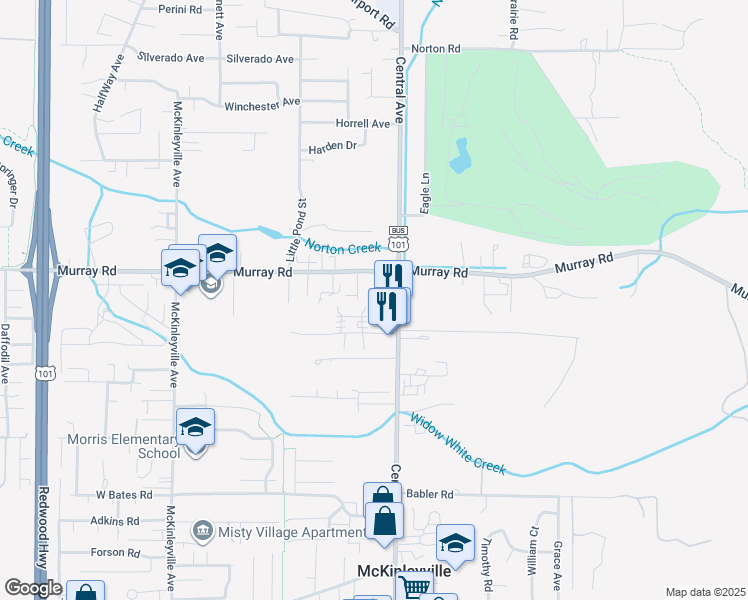 map of restaurants, bars, coffee shops, grocery stores, and more near 2771 Strating Court in McKinleyville