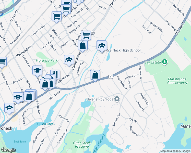 map of restaurants, bars, coffee shops, grocery stores, and more near 317 Hornidge Road in Mamaroneck