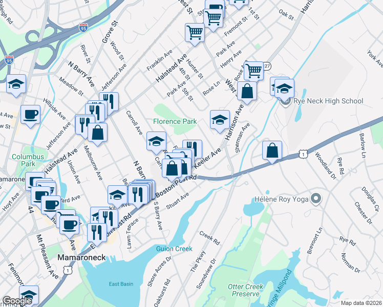 map of restaurants, bars, coffee shops, grocery stores, and more near 207 Jensen Avenue in Mamaroneck