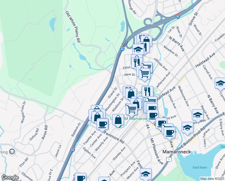 map of restaurants, bars, coffee shops, grocery stores, and more near 116 Pelham Street in Mamaroneck