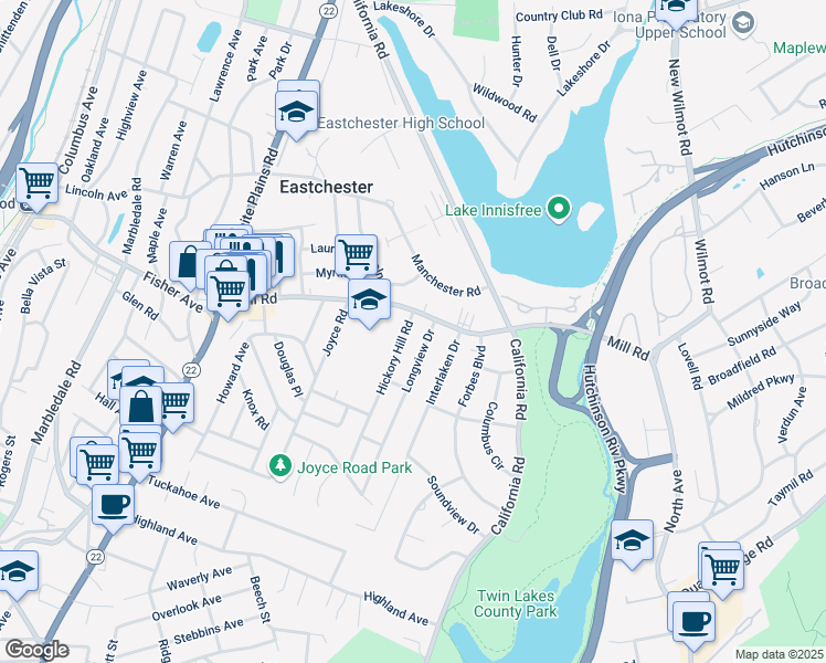 map of restaurants, bars, coffee shops, grocery stores, and more near 1 Hickory Hill Road in Eastchester