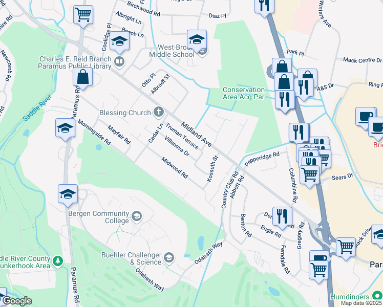 map of restaurants, bars, coffee shops, grocery stores, and more near 155 Truman Terrace in Paramus