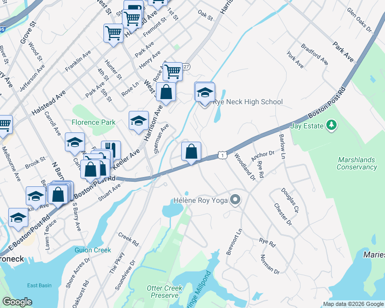 map of restaurants, bars, coffee shops, grocery stores, and more near 317 Hornidge Road in Mamaroneck