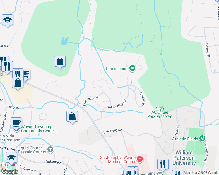 map of restaurants, bars, coffee shops, grocery stores, and more near 35 Morning Watch Road in Wayne