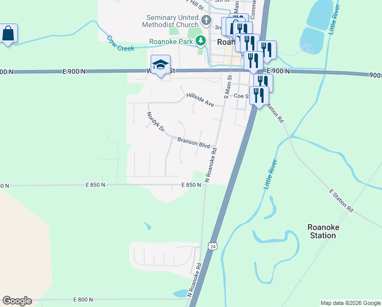 map of restaurants, bars, coffee shops, grocery stores, and more near 384 Branson Boulevard in Roanoke