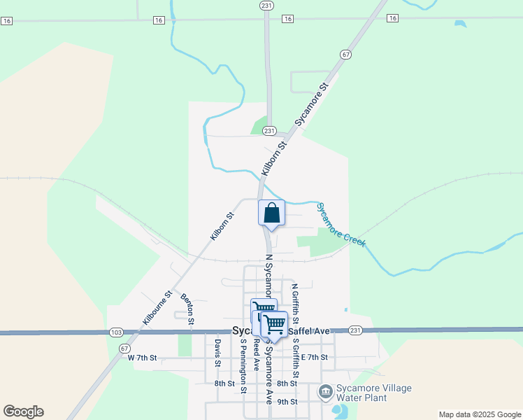 map of restaurants, bars, coffee shops, grocery stores, and more near 605 Highway 231 in Sycamore