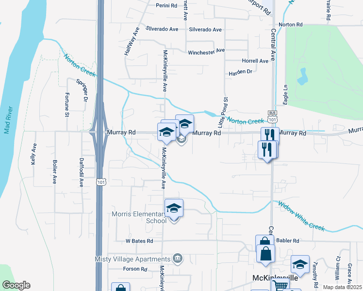map of restaurants, bars, coffee shops, grocery stores, and more near 1300 Murray Road in McKinleyville