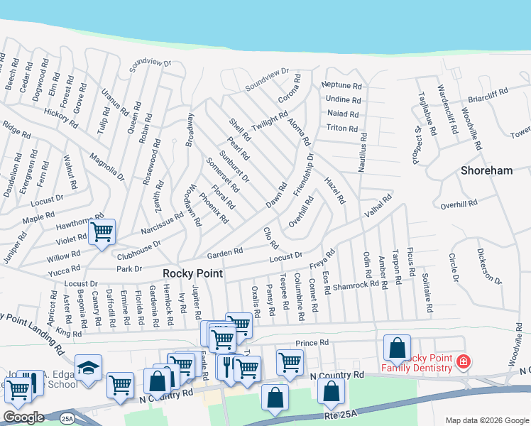 map of restaurants, bars, coffee shops, grocery stores, and more near 7 Sunburst Drive in Rocky Point