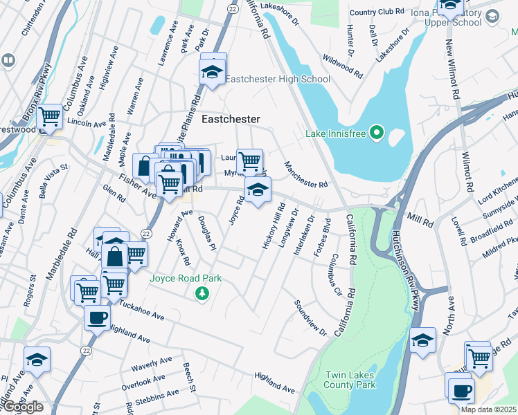map of restaurants, bars, coffee shops, grocery stores, and more near 60 Mill Road in Eastchester