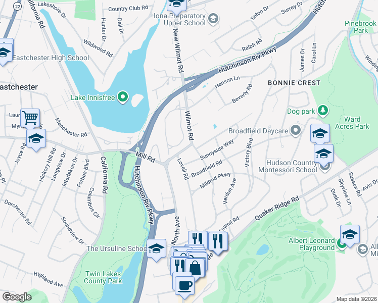 map of restaurants, bars, coffee shops, grocery stores, and more near 27 Stony Gate Oval in New Rochelle