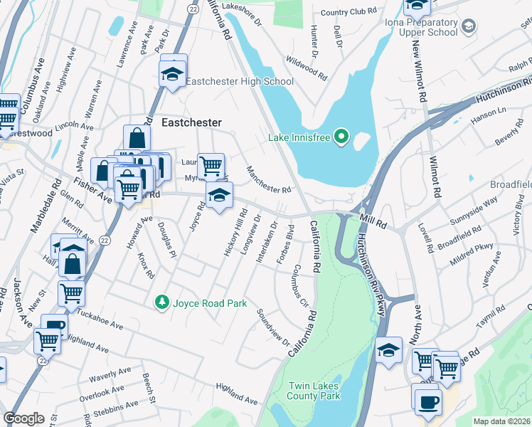 map of restaurants, bars, coffee shops, grocery stores, and more near 87 Mill Road in Eastchester