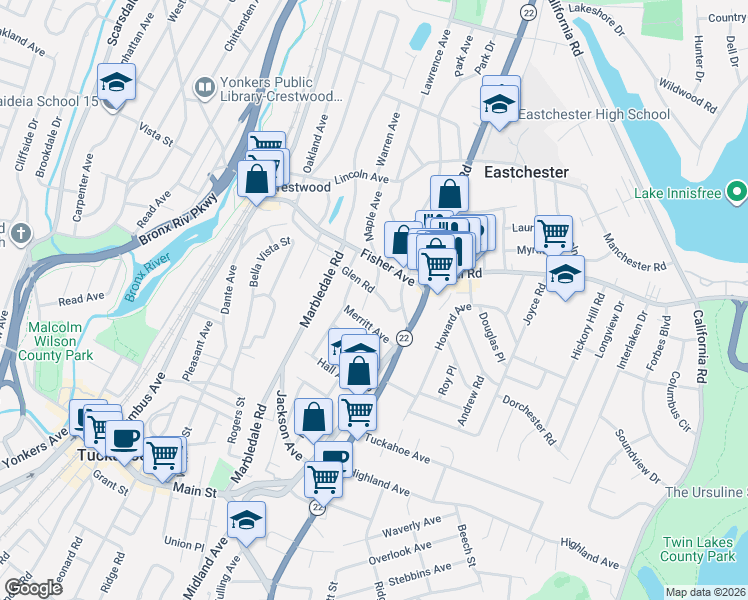map of restaurants, bars, coffee shops, grocery stores, and more near 23 Glen Road in Eastchester
