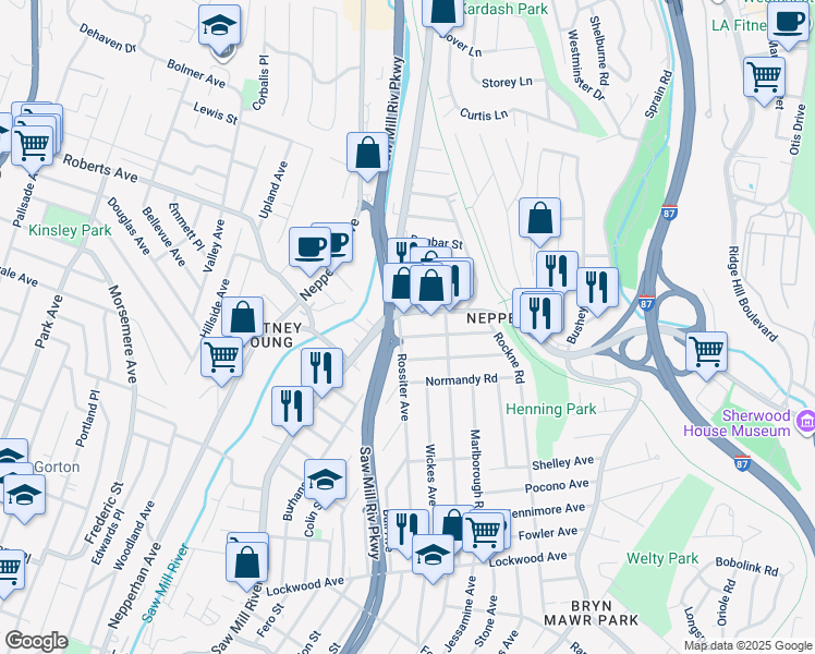 map of restaurants, bars, coffee shops, grocery stores, and more near 7 Tuckahoe Road in Yonkers