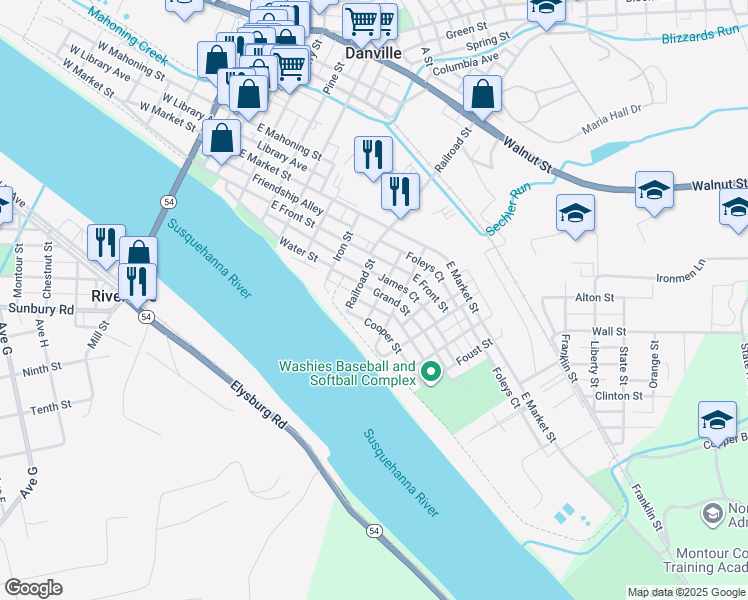 map of restaurants, bars, coffee shops, grocery stores, and more near 119 Grand Street in Danville