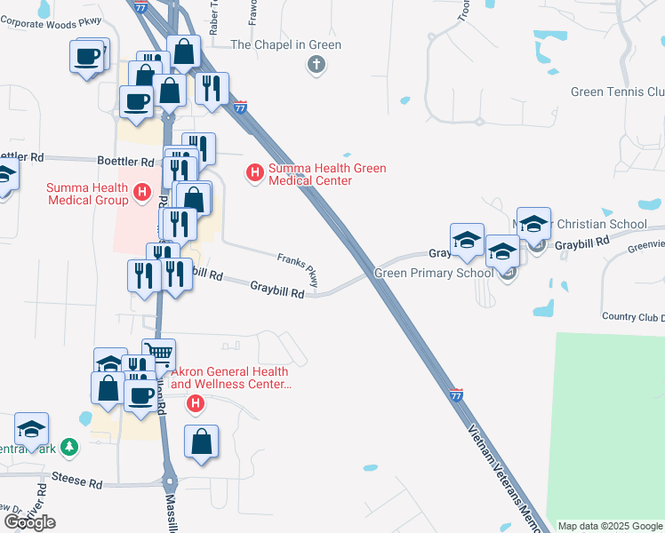map of restaurants, bars, coffee shops, grocery stores, and more near 2045 Franks Parkway in Uniontown