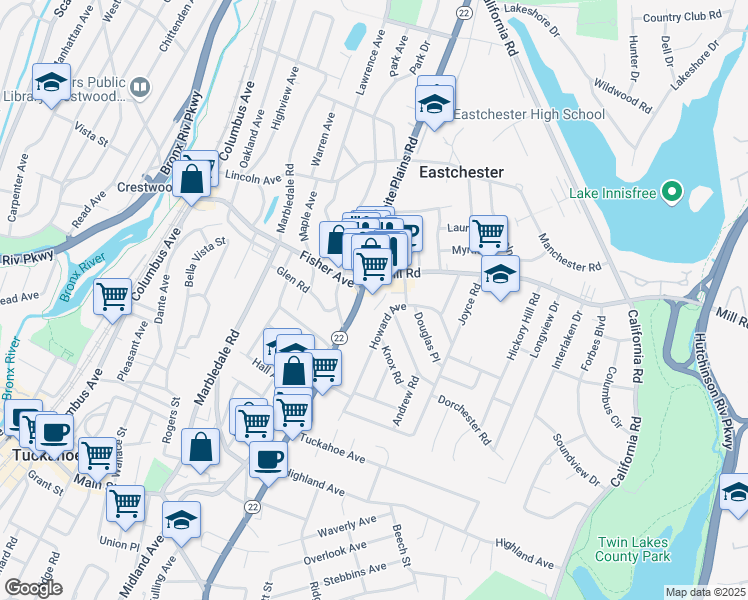 map of restaurants, bars, coffee shops, grocery stores, and more near 420 White Plains Road in Eastchester