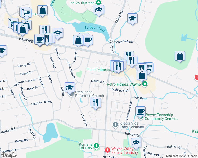 map of restaurants, bars, coffee shops, grocery stores, and more near 28 Atherton Court in Wayne