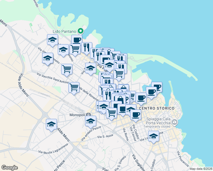 map of restaurants, bars, coffee shops, grocery stores, and more near 15 Via Francesco Muciaccia in Monopoli