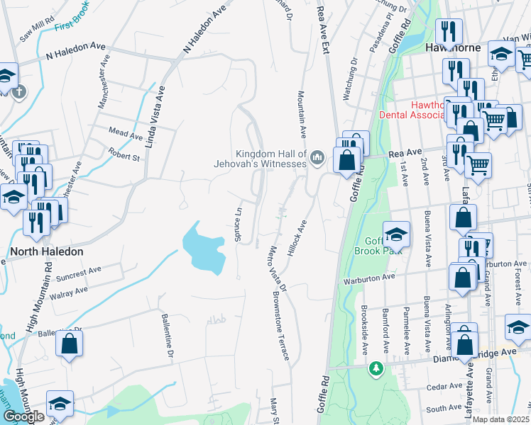 map of restaurants, bars, coffee shops, grocery stores, and more near 24 Alana Drive in Hawthorne