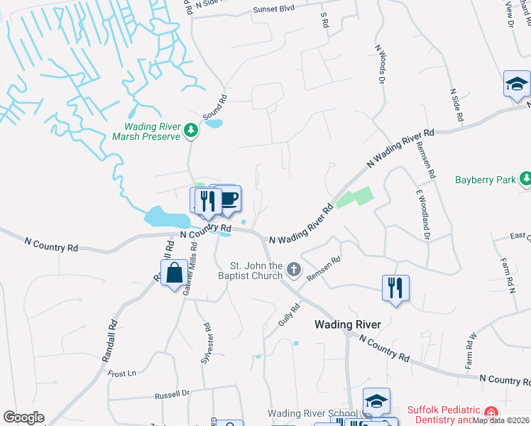 map of restaurants, bars, coffee shops, grocery stores, and more near 2064 North Country Road in Wading River