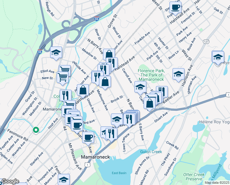 map of restaurants, bars, coffee shops, grocery stores, and more near 422 North Barry Avenue in Mamaroneck