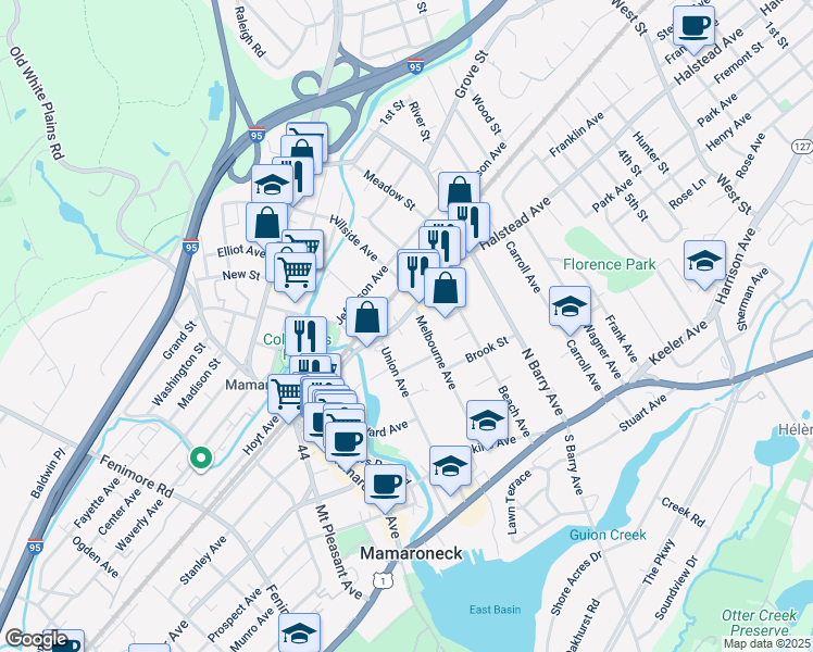 map of restaurants, bars, coffee shops, grocery stores, and more near 501 Halstead Avenue in Mamaroneck