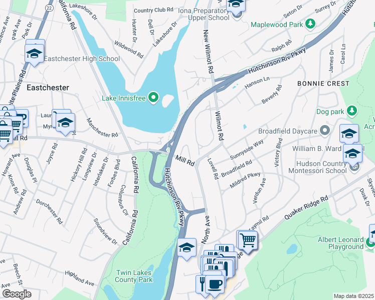 map of restaurants, bars, coffee shops, grocery stores, and more near 21 Stony Gate Oval in New Rochelle