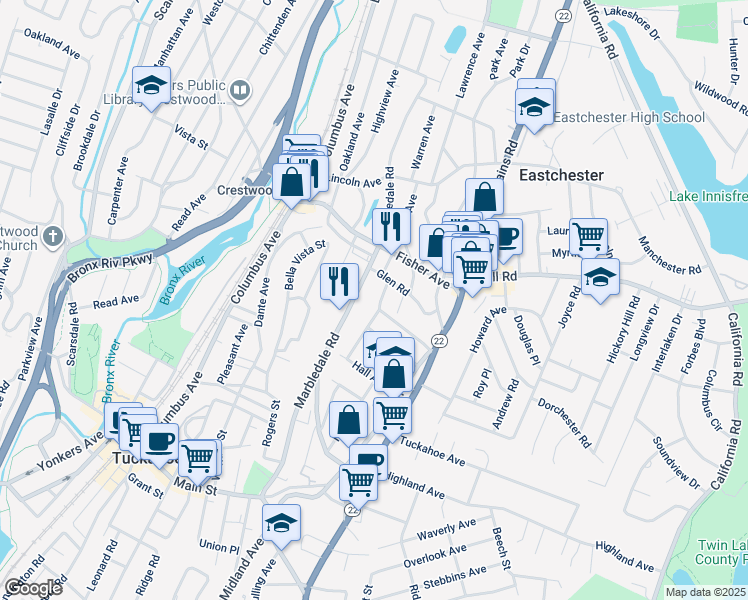map of restaurants, bars, coffee shops, grocery stores, and more near 210 Marbledale Road in Tuckahoe