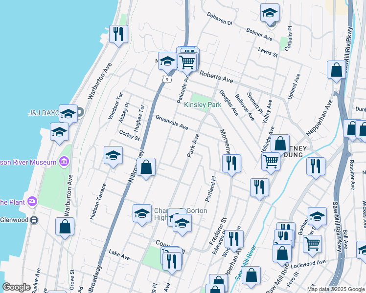 map of restaurants, bars, coffee shops, grocery stores, and more near 80 Northview Terrace in Yonkers