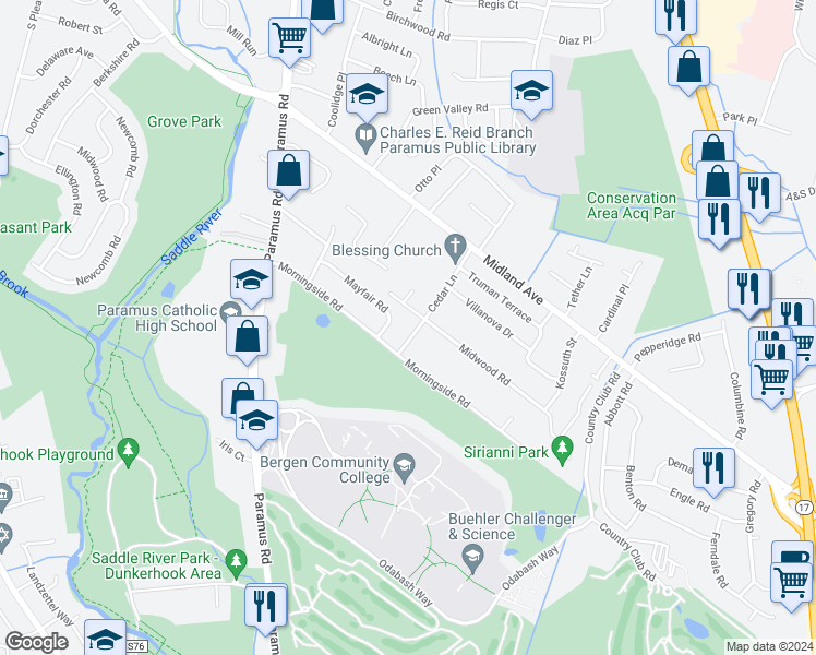 map of restaurants, bars, coffee shops, grocery stores, and more near 220 Midwood Road in Paramus